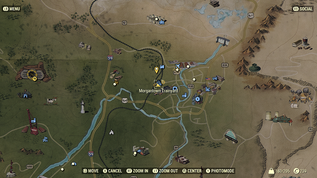 Fallout 76 early game map showing Morgantown Trainyard