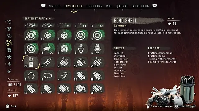 Echo shell rarity, value, and use information in the HZD inventory screen.