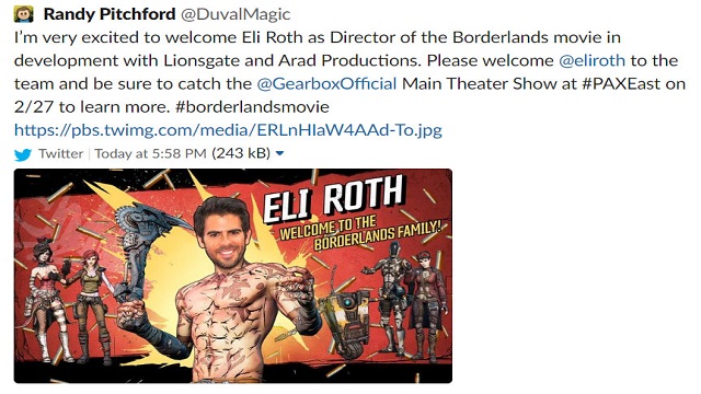 Borderland's CEO Randy Pitchford's tweet about Eli Roth and the Borderlands movie.