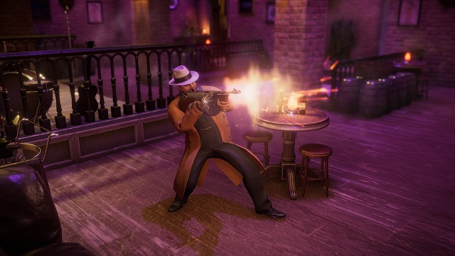 Gangster shooting a Tommy gun in a pub. 
