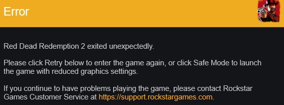 Red Dead Redemption 2 error code following a crash in the Rockstar Launcher.