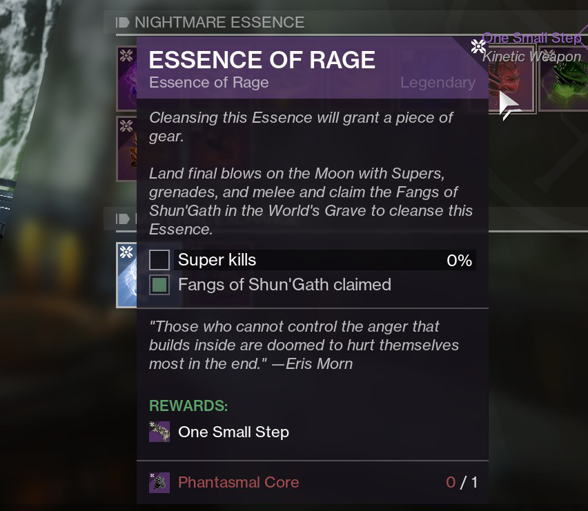 The Essence of Rage in Destiny, required for the One Small Step shotgun