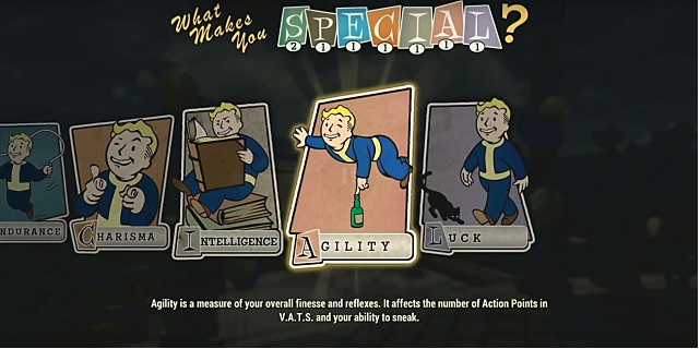 An agility perk card with vault boy balancing by one finger on a glass bottle