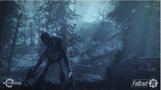 A ghoul stands in the forest with blue moonlight shining down