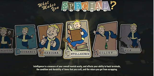 An intelligence perk card with vault boy reading a book while sitting on books