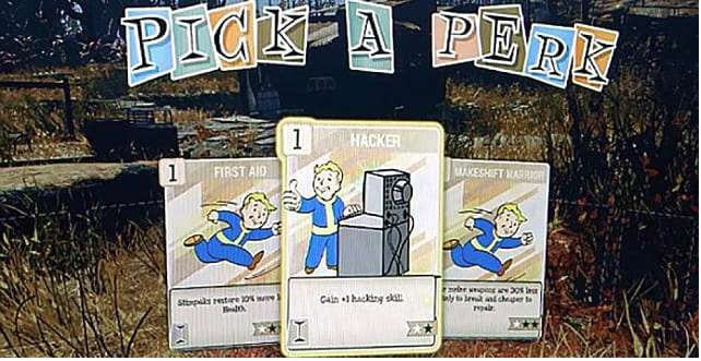The Pick-aPerk screen shows three cards with vault boy -- First Aid, Hacker, Makeshift Warrior 