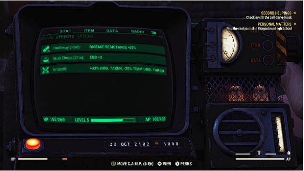 A Fallout 76 Pipboy shows status effects on a green screen 