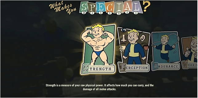 Strength perk card with a muscled vault boy flexing his muscles