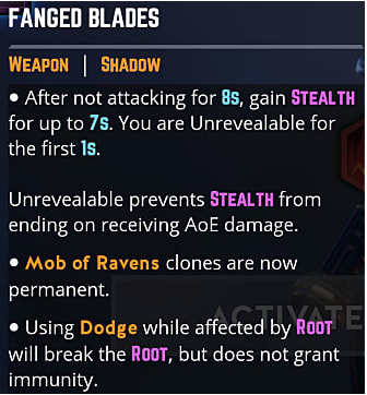 Fanged Blades skill shows effects including stealth and mob of ravens. 