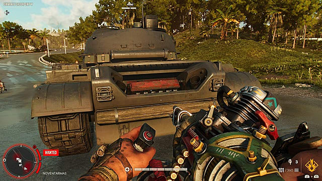 Rear view of a tank's engine in Far Cry 6.