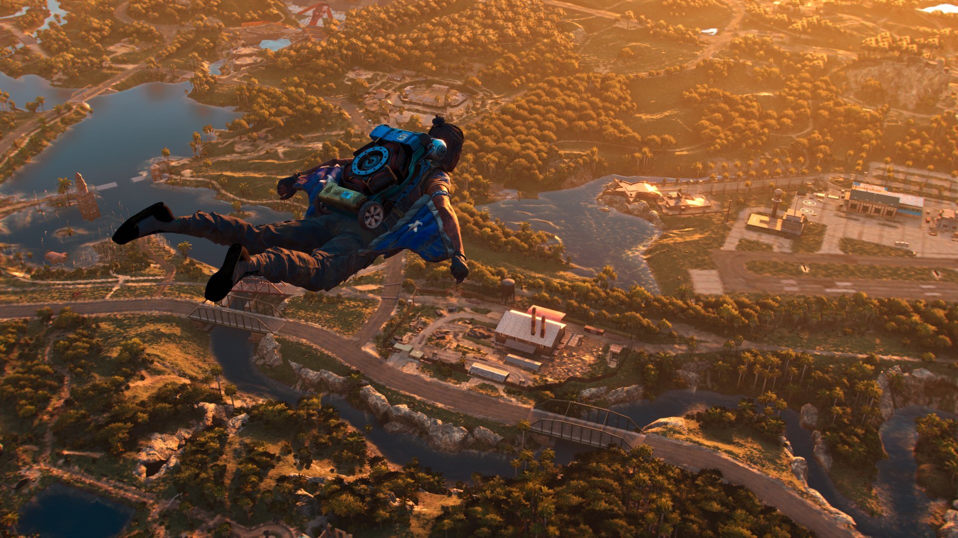 Dani using the wingsuit to fly over Yara at sunset.