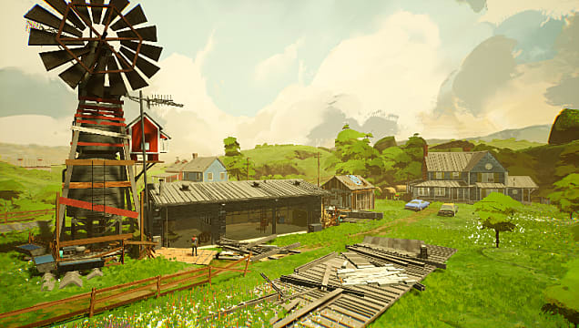 Establishing shot of a bucolic farm with a windmill, barn, and house.