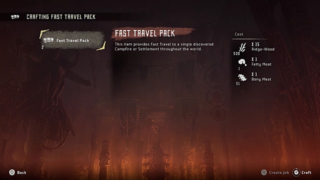 An inventory screen showing the fast travel pack and the components needed to craft it.