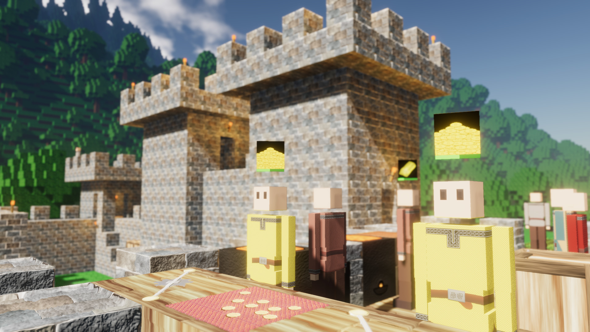Blocky characters standing atop a fortress in Colony Survival