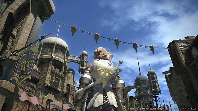 A blond-haired knights stands in a city-square. 