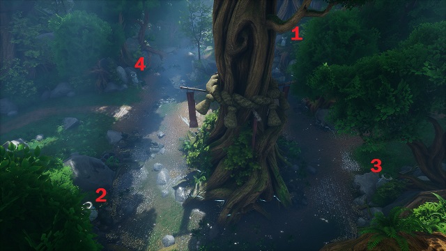 An aerial shot of the Fishing Shrine puzzle solution in the Forgotten Forest.