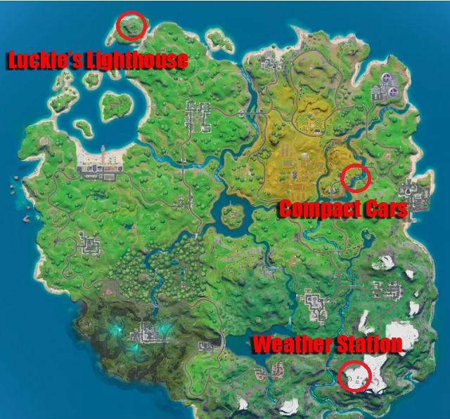 Fortnite map showing dance challenge locations for Compact Cars, Luckie's Lighthouse, and Weather Station.