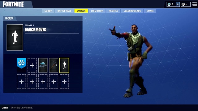 A player in the Fortnite menu shows off a dance emote