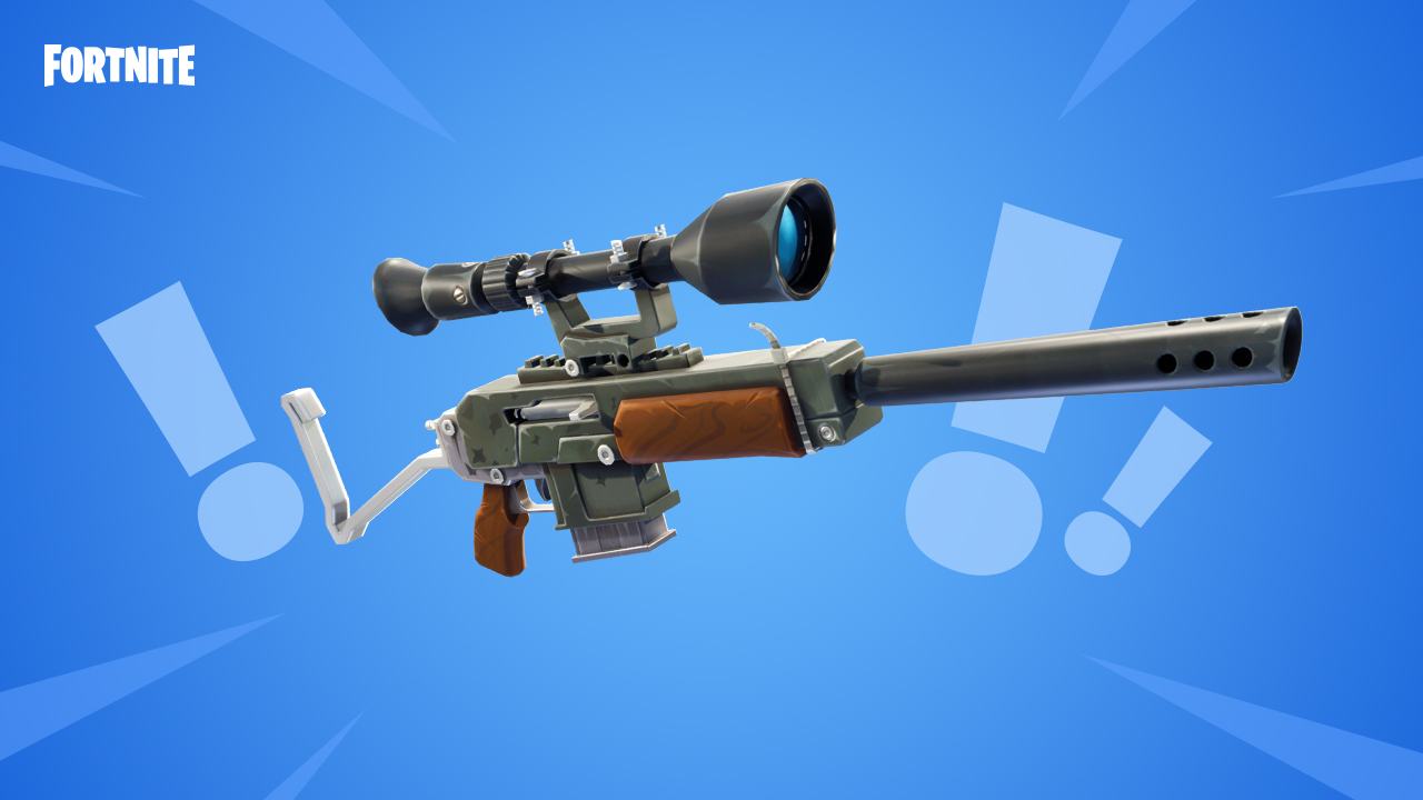 A scoped rifle from Fortnite set against a blue backdrops with exclamation points