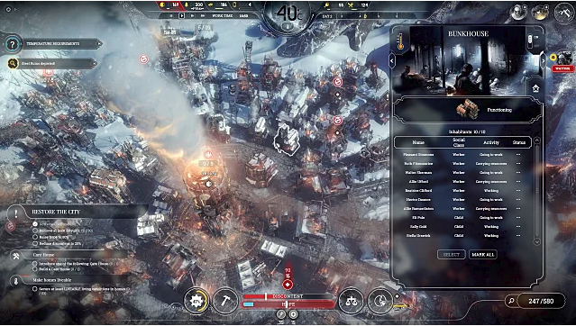 Overlooking a snow-covered city with management menus overlaid in gameplay