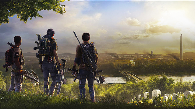 Three soldiers in the division 2 looking out over a Washington on fire. 