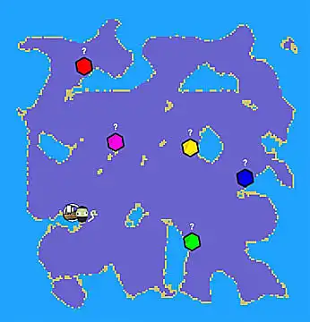 Muck map showing five gem locations and the shipwreck site.