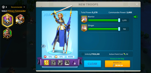 a New Troops card shows Joan of Arc holding a sword above her head and a flag in her left hand