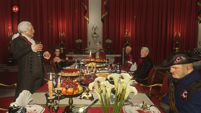 George Washington Gives a toast with characters around a dinner table