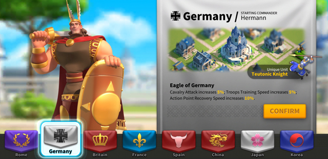 The civilization selection screen shows Germany, with a warrior clad in gold holding a large shield and sword over shoulder