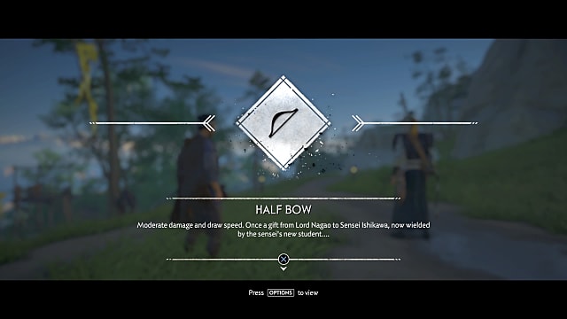 A screen showing the halfbow and a description of its moderate damage and speed.