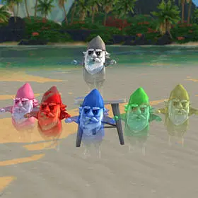 six ghostly, transparent gnomes, one pink, one red, one blue, one green, one yellow, and one grey.