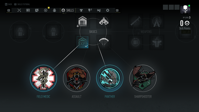 The classes in Ghost Recon Breakpoint in the skills screen 