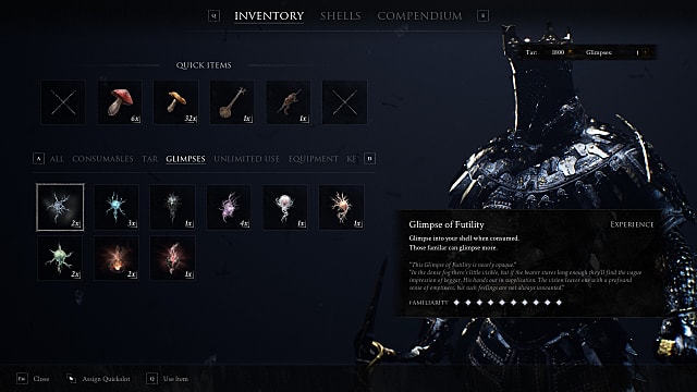 Mortal Shell inventory screen with glimpses, some looking like sparks others flames, with armored knight shell to the right. 