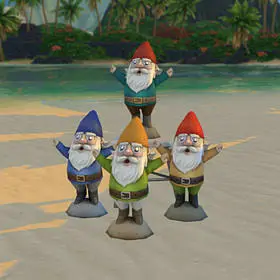 Four garden gnomes with wide eyes, open mouths, and spread arms.
