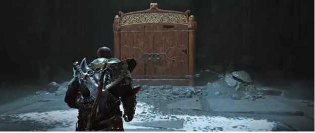 Kratos walks toward the closed Jotnar Shrine in the Path to the Mountain Location