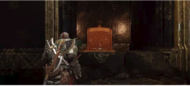 The closed shrine in the Shores of the Nine Location stands before an advancing Kratos