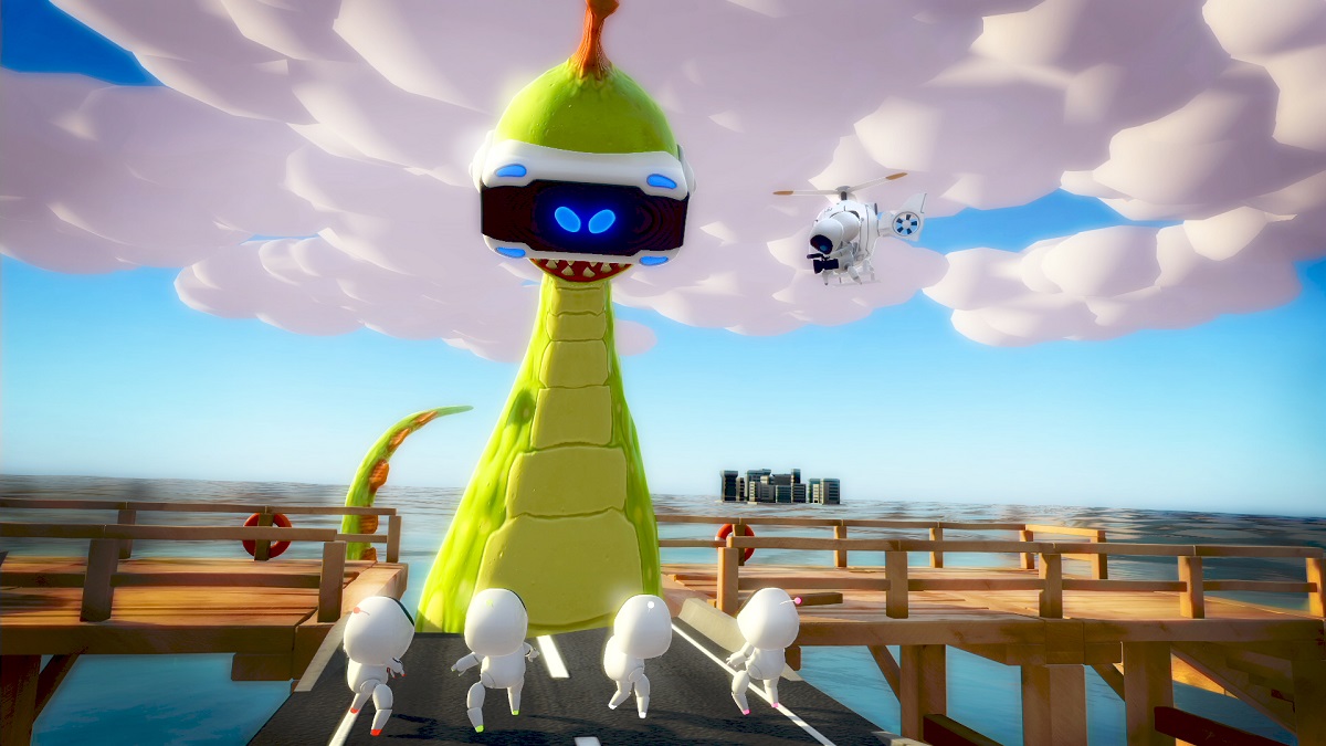 A Pixar-like Godezilla wearing a VR headset looks down a four little white blob characters on a dock in Playroom VR