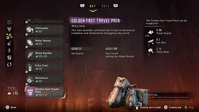 An inventory screen showing a hide bag,case,and pack for golden fast travel pack.