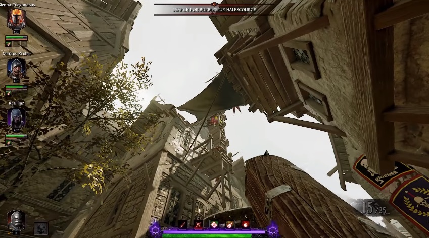 Looking up at a ladder in Vermintide 2 Halescourge