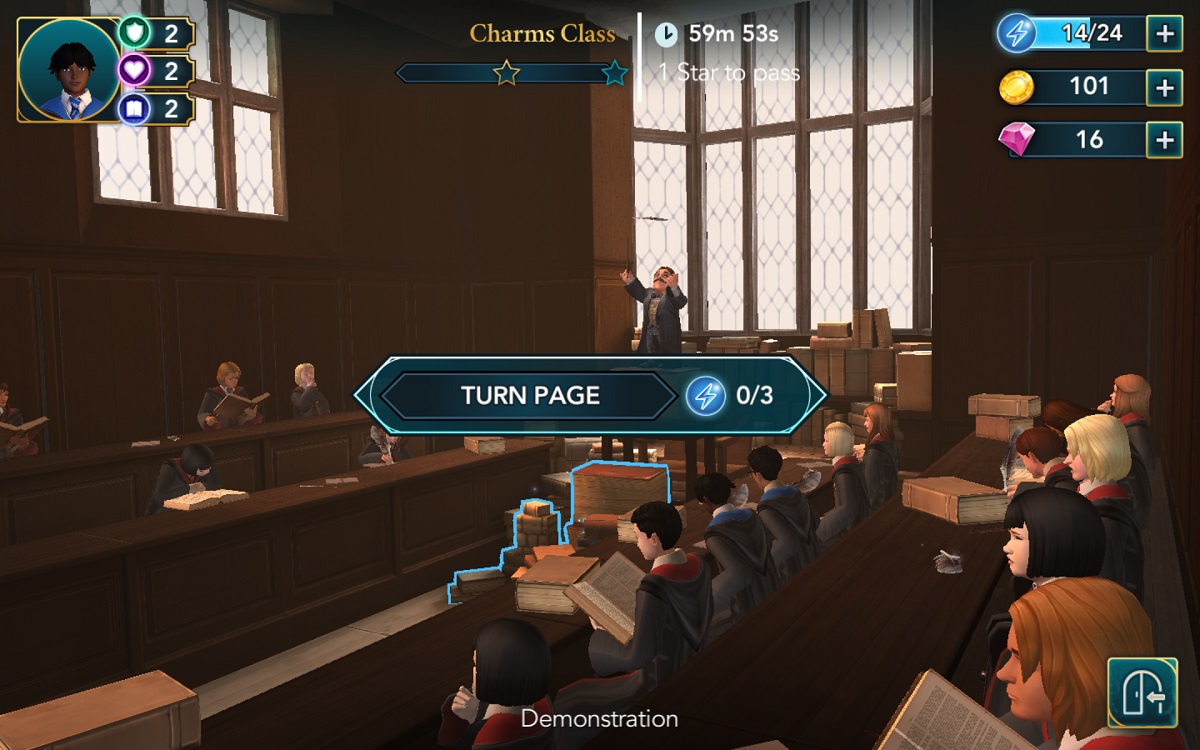 Students taking part in an activity in a Hogwarts classroom