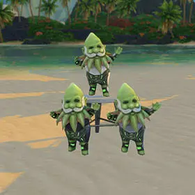 Three green gnomes with spiky green beards standing on a beach.