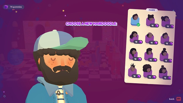 A catalog of various hairstyles in Snups, with the player portrait to the left.