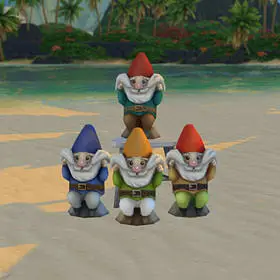Four regular garden gnomes picking their beards up into smiles.