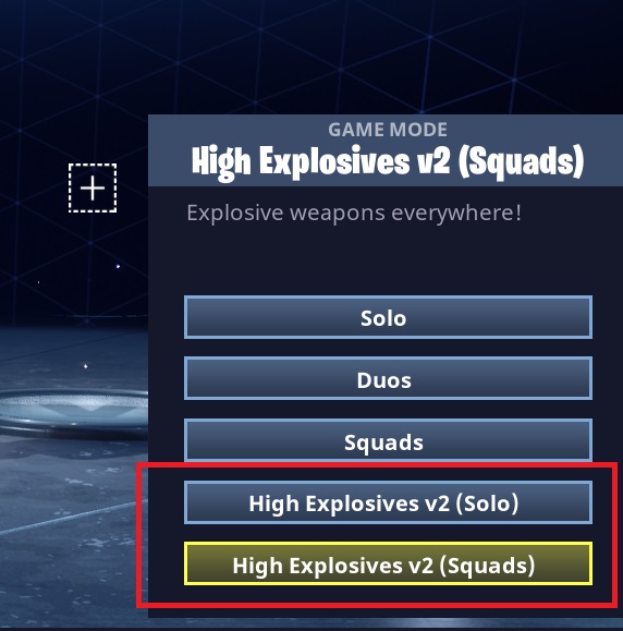 Game mode menu in Fortnite with high explosives modes highlighted