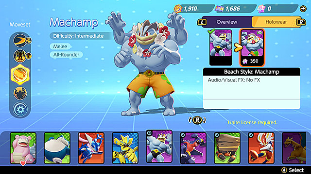 The holowear option tab for Machamp, showing the Beach Style skin.