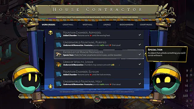 House Contractor screen, showing various projects and how many gems they cost.