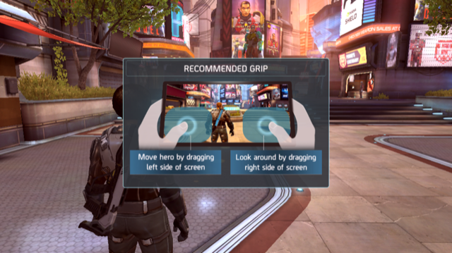 a screen pop up instruction the player on how to move and look around in Shadowgun Legends