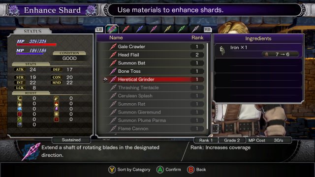 Enhancing a shard in bloodstained ritual of the night.