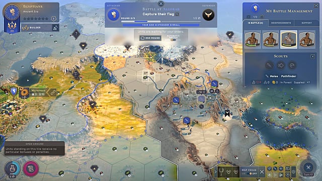 Humankind's map showing combat hexes in a war.