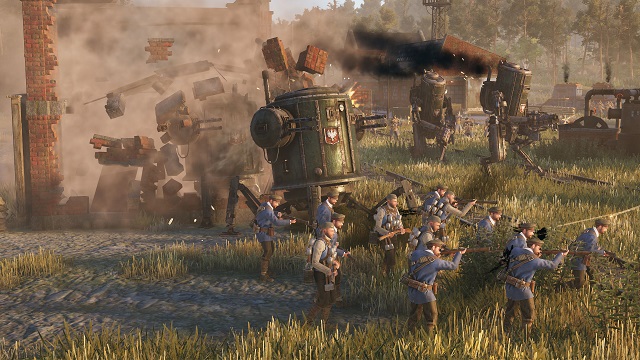 A group of blue shirt Polania soldiers shooting across a field with green cylinder mechs behind them.